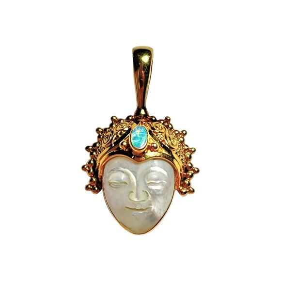 18K Gold SAJEN Goddess PENDANT Mother Of Pearl Carved Face Opal Gemstone Signed - Picture 2 of 7